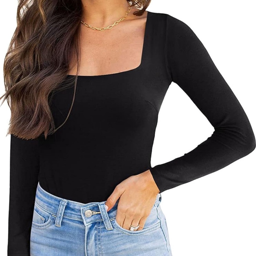 REORIA Womens Square Neck Double Lined Long sleeve Bodysuit/skims doupe